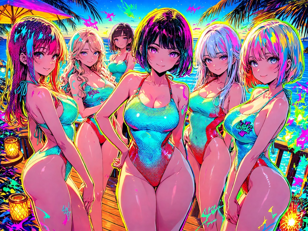 南国トロピカルカラフル🩷なハイレグ水着っ娘達😍💕