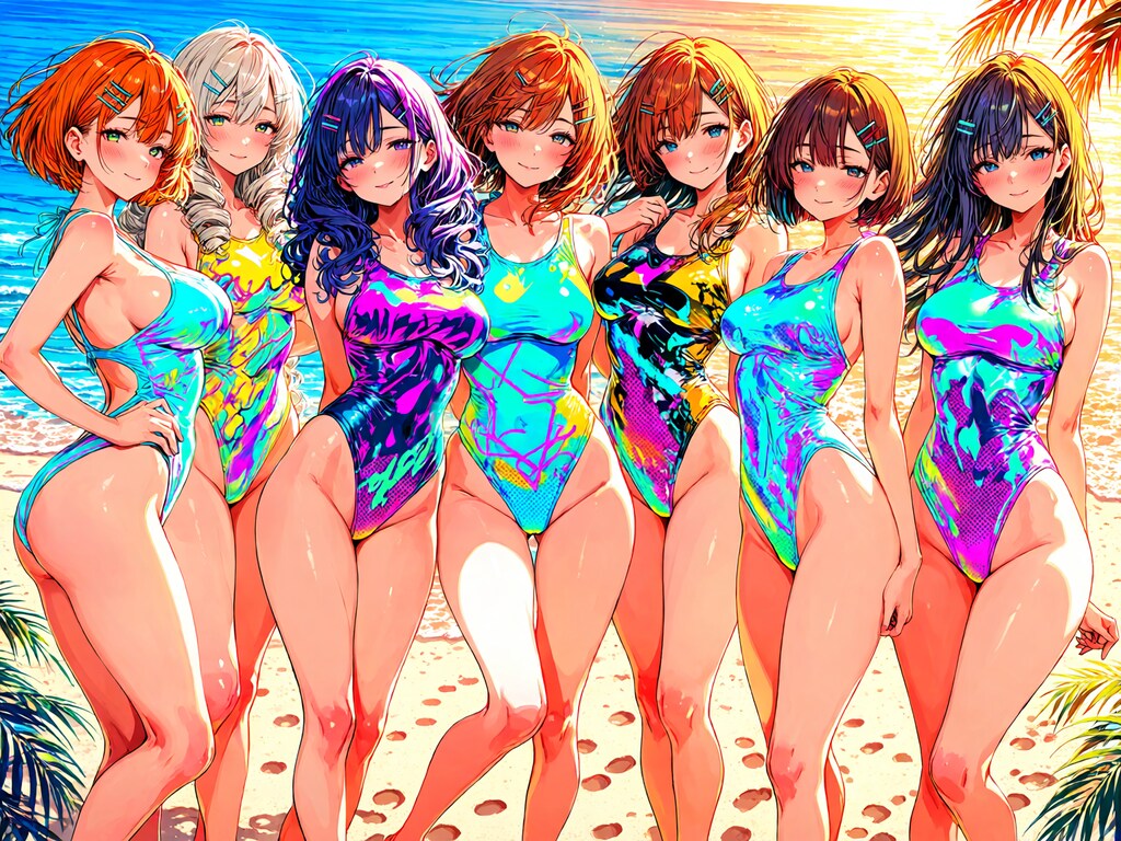 南国トロピカルカラフル🩷なハイレグ水着っ娘達😍💕