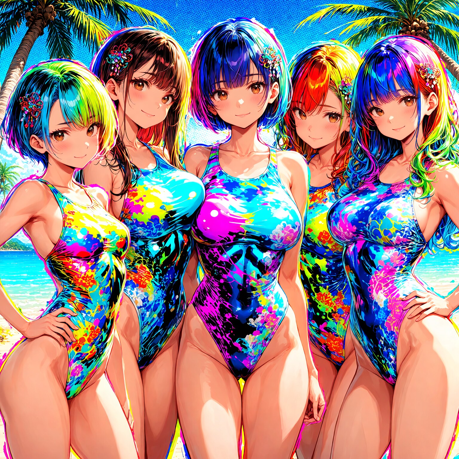 南国トロピカルカラフル🩷なハイレグ水着っ娘達😍💕