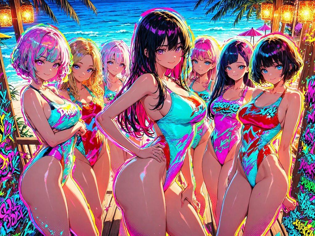 南国トロピカルカラフル🩷なハイレグ水着っ娘達😍💕
