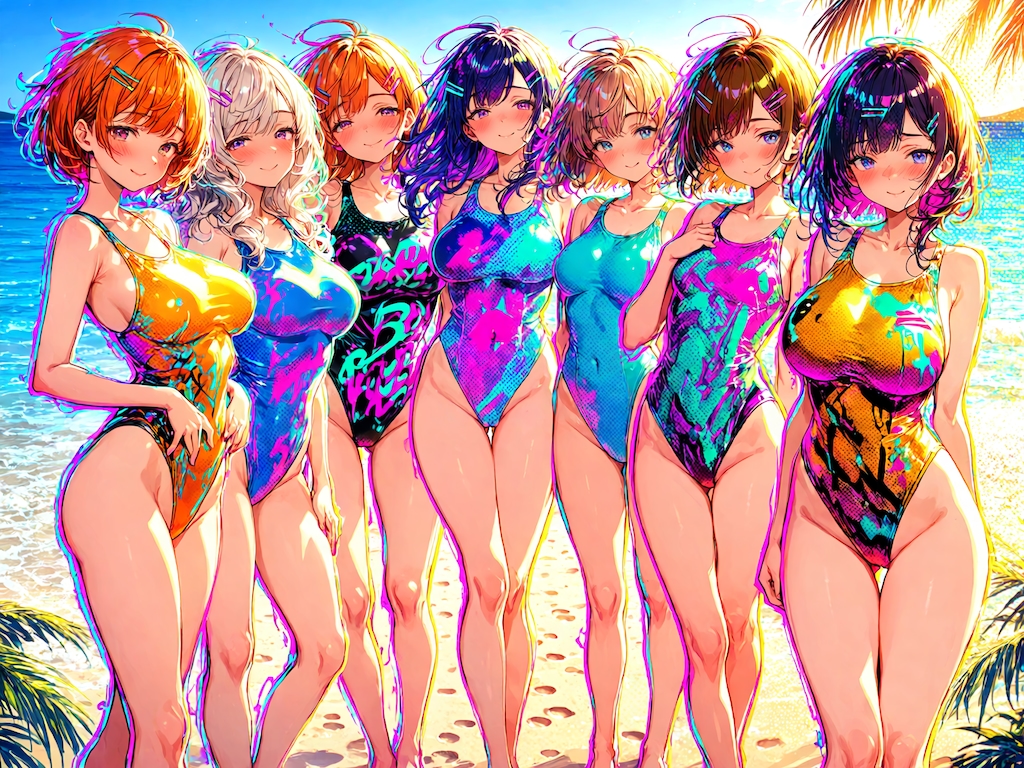 南国トロピカルカラフル🩷なハイレグ水着っ娘達😍💕