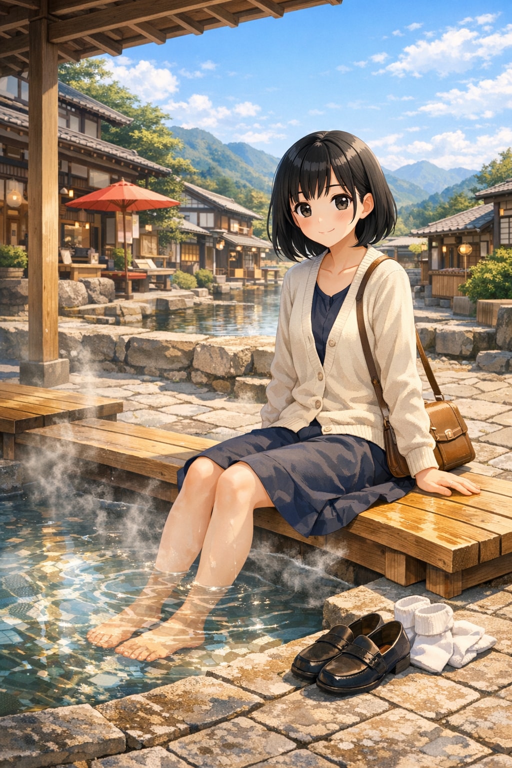 足湯温泉に入浴いる女の子