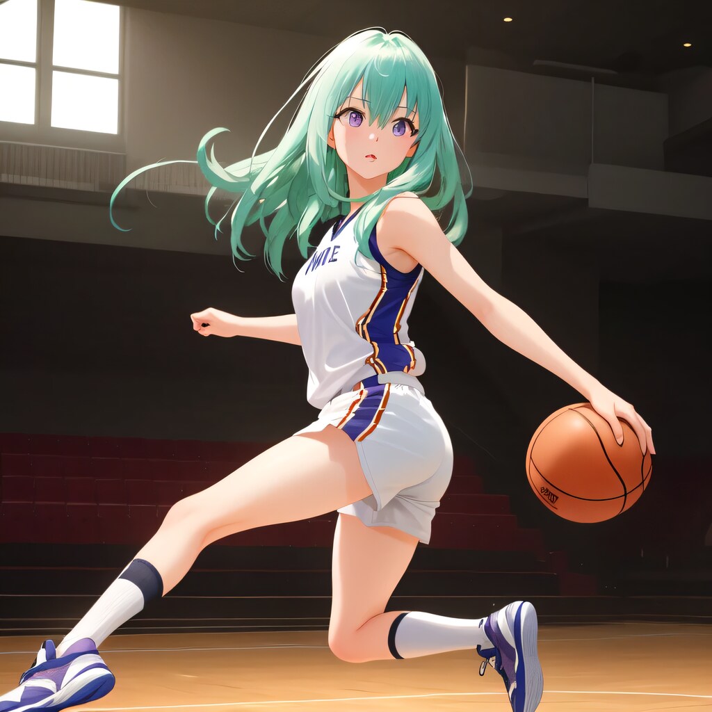 緑髪ロングでユニフォームの少女