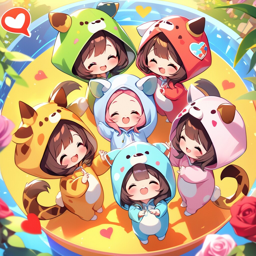 薔薇と噴水とキリン着ぐるみちび子ちゃん