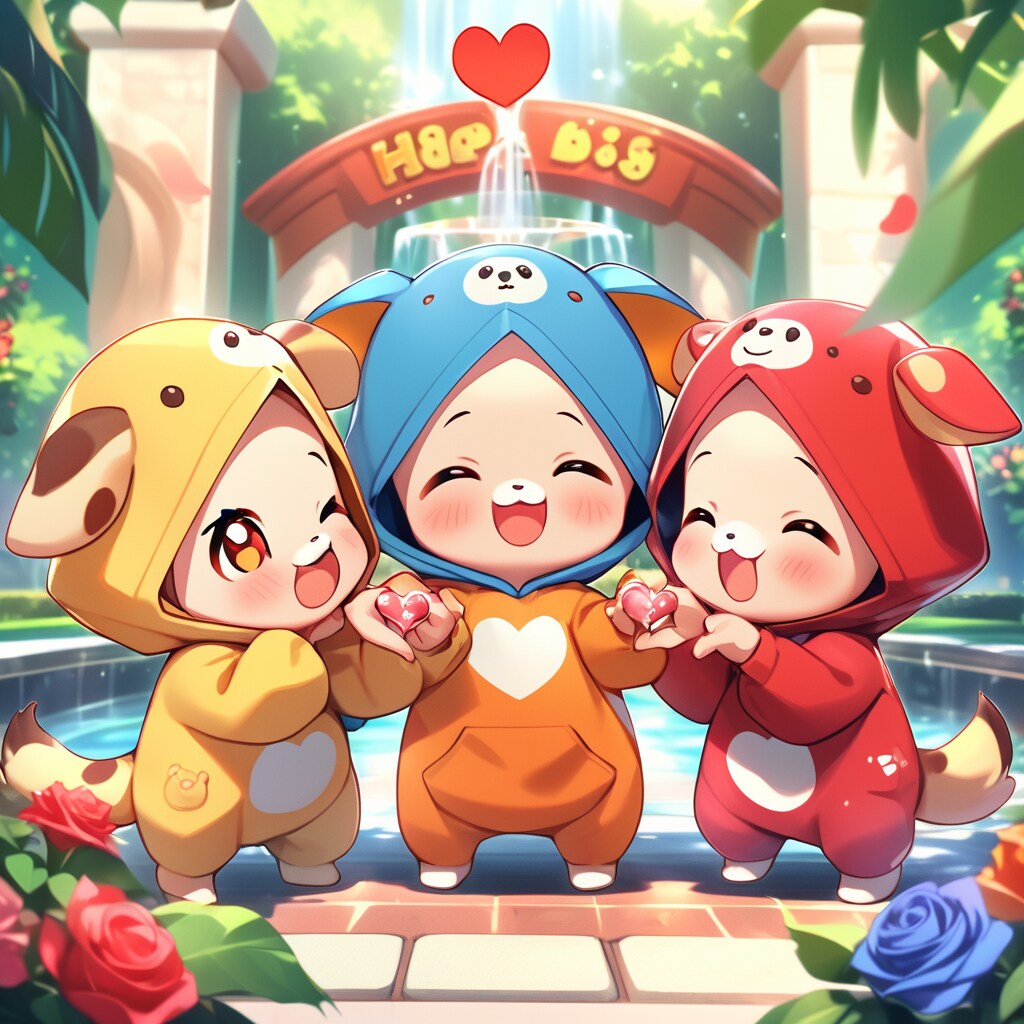 薔薇と噴水とキリン着ぐるみちび子ちゃん