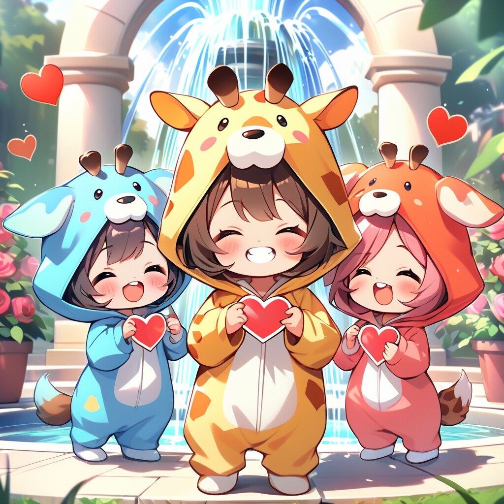 薔薇と噴水とキリン着ぐるみちび子ちゃん