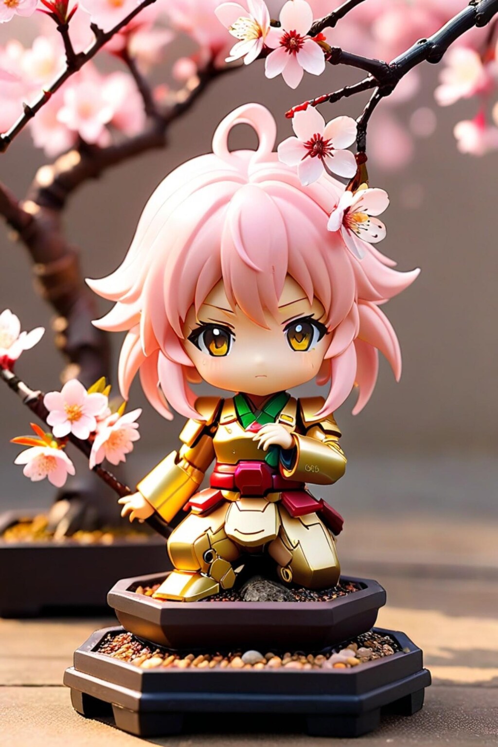 桜の盆栽とピンク髪ちゃん