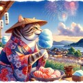 水彩風　夏祭り花火大会の屋台で、わたあめを食べる浴衣猫 2枚目