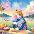 水彩風　夏祭り花火大会の屋台で、わたあめを食べる浴衣猫 4枚目