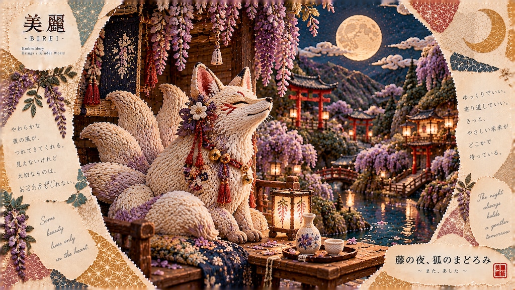 A nine-tailed fox dozing beneath wisteria, a quiet tea set waiting beside the lantern-lit canal.  It