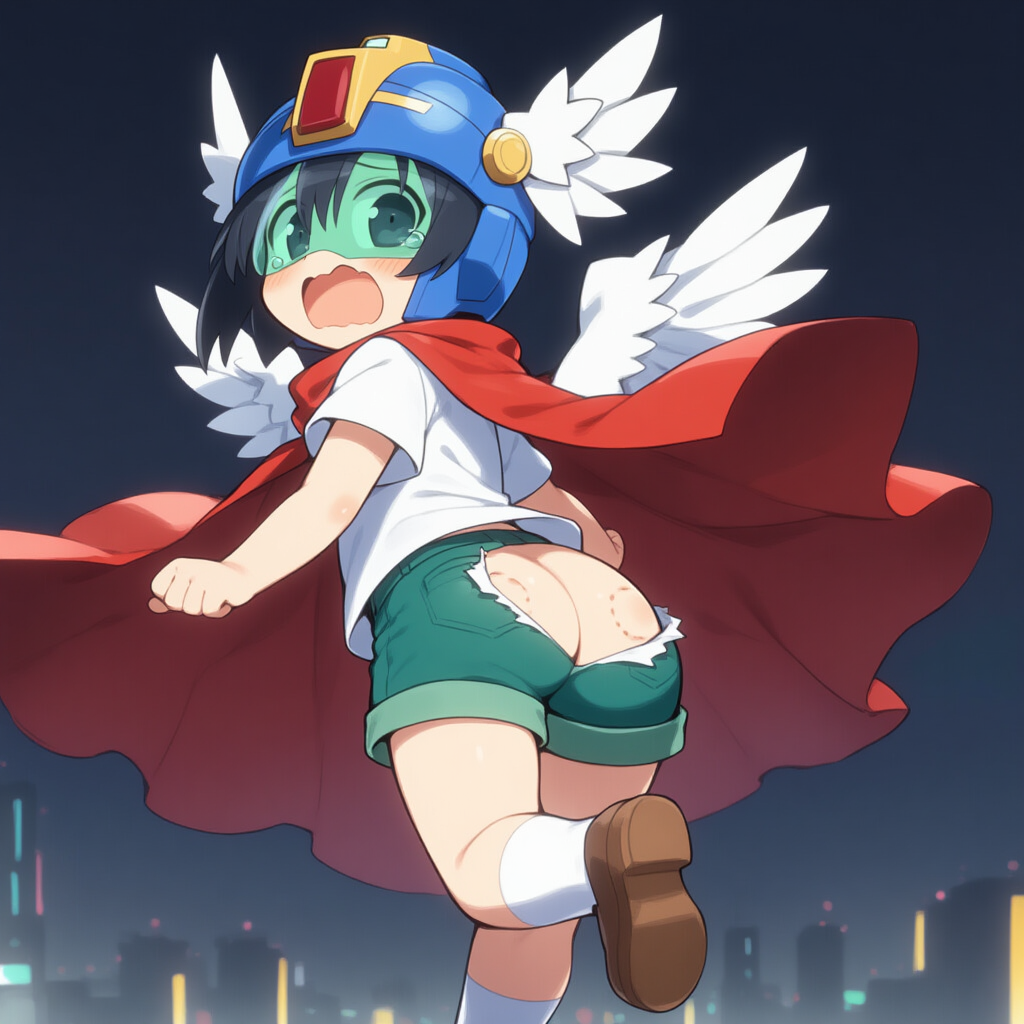 お尻をかじられるヒーロー少年