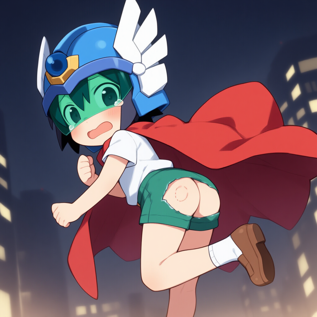 お尻をかじられるヒーロー少年