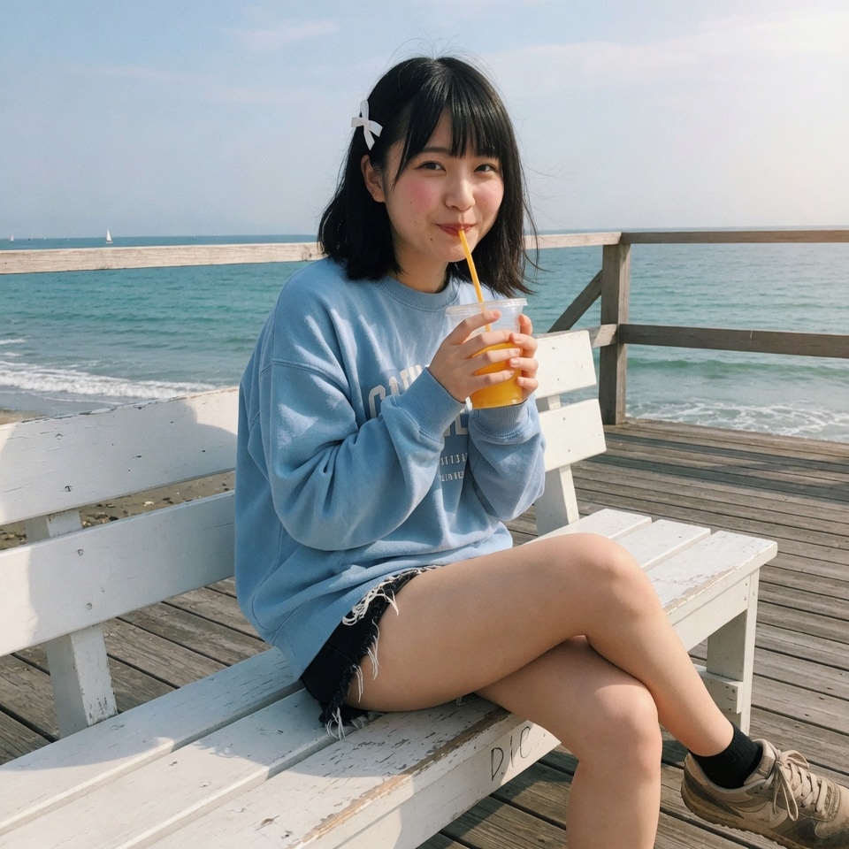 ストローくわえて笑顔