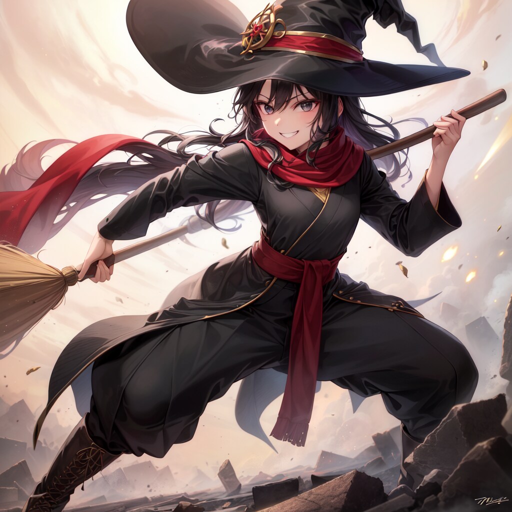 箒を槍のように持って振り回す魔女