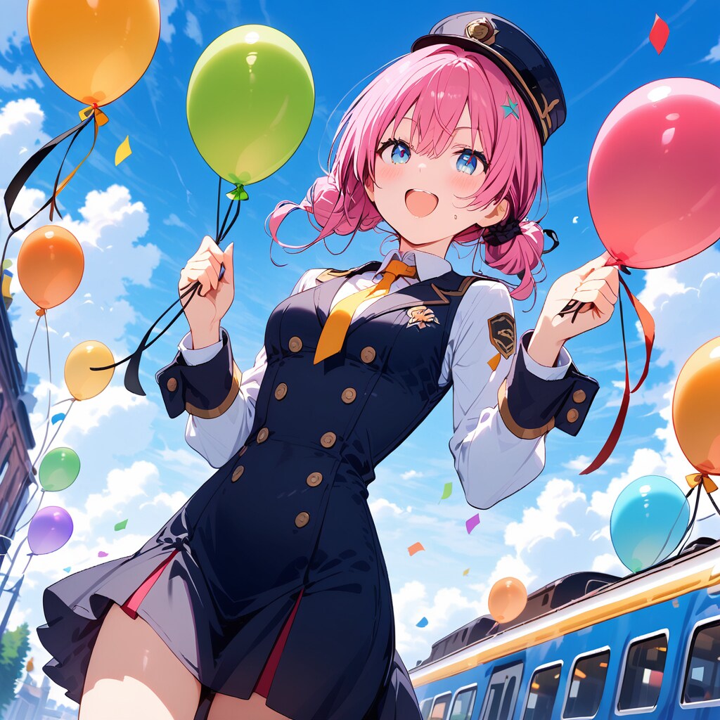 いっぱい風船を持つピンク髪お団子ヘアの美女車掌さん。