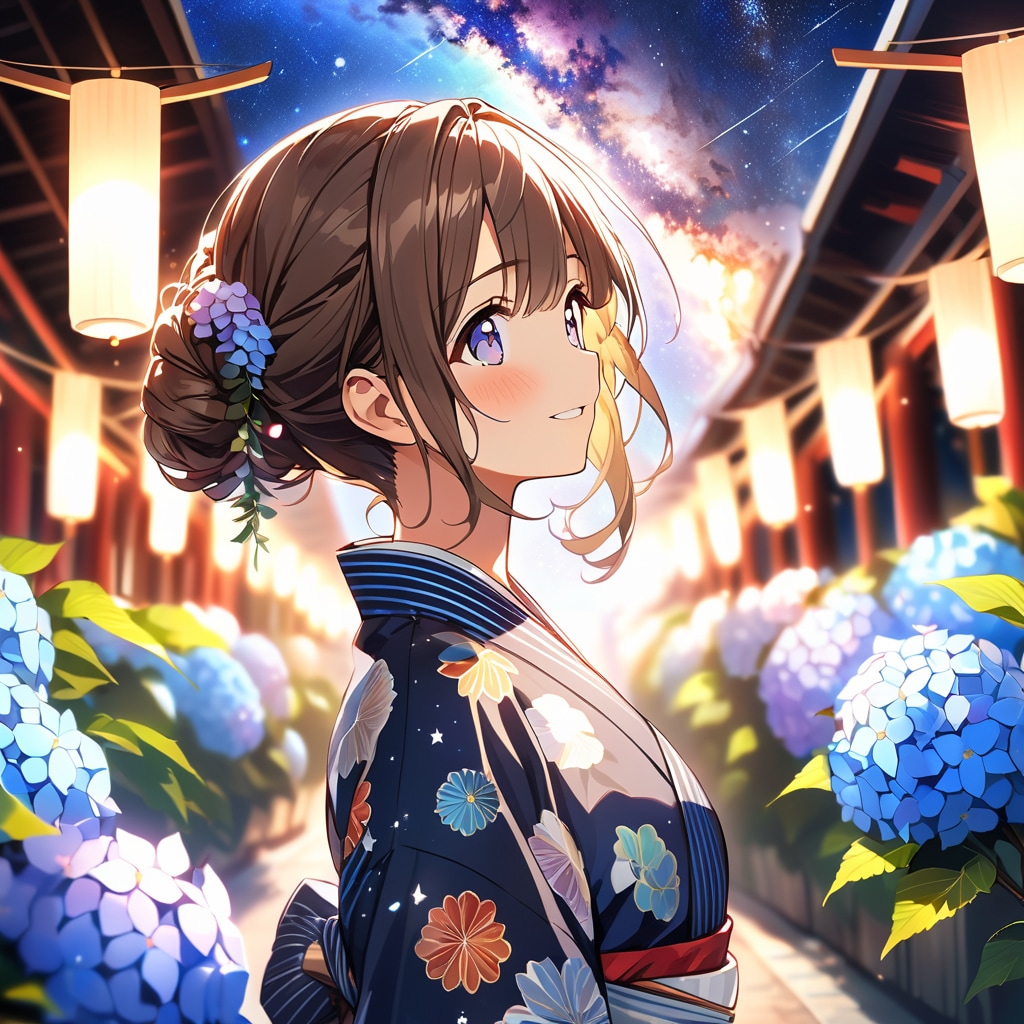 2枚] VEGA版 天の川と浴衣の少女と紫陽花 | の人気AIイラスト・グラビア