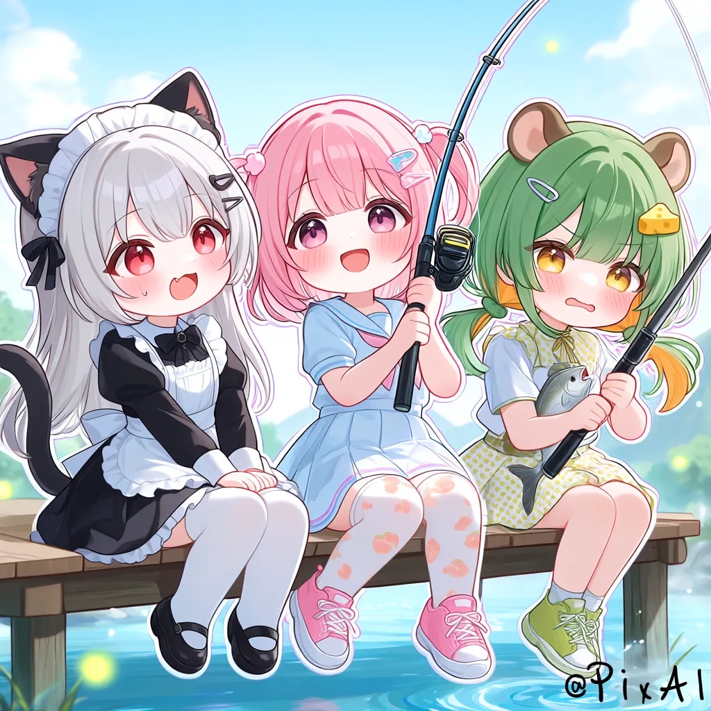 魚釣りをするうちの子たち