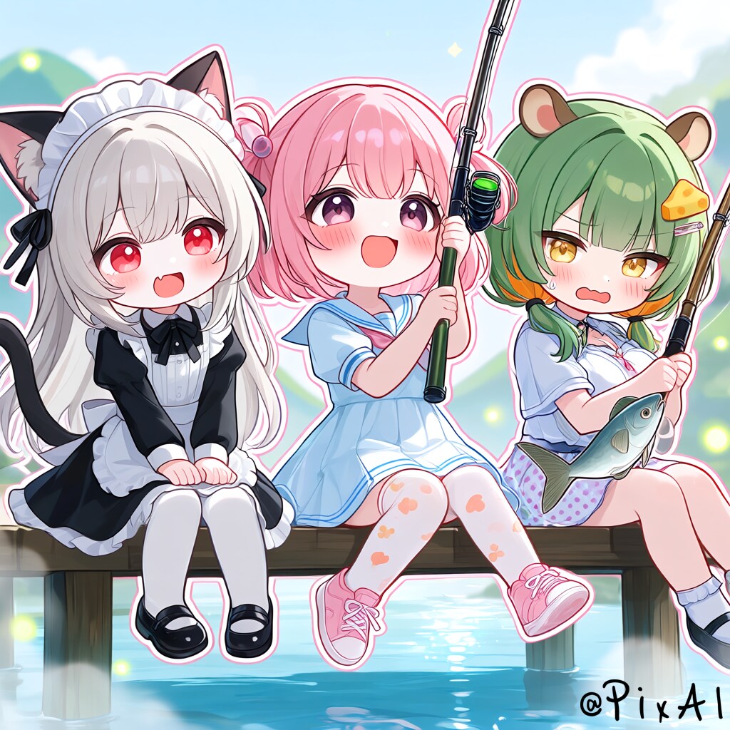 魚釣りをするうちの子たち | の人気AIイラスト・グラビア