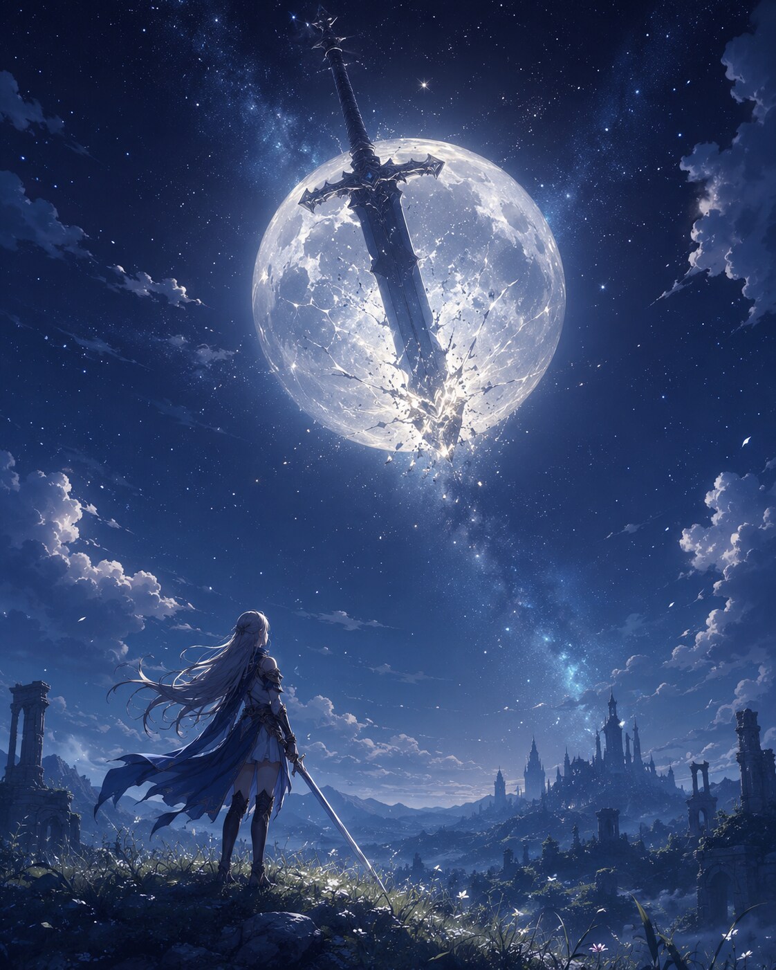 月と剣の壮大な夜景
