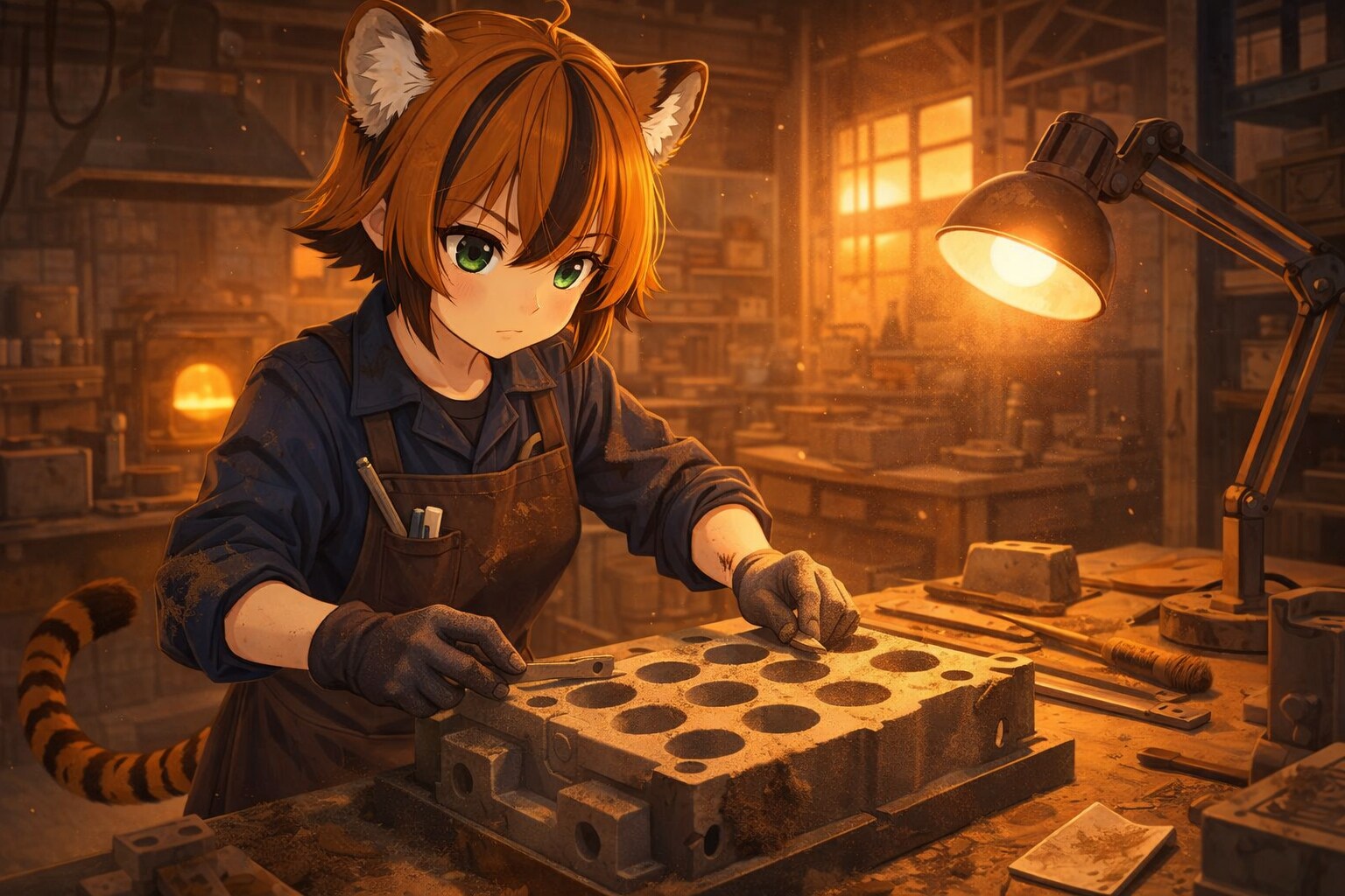 「いも」の（鋳物）職人がたこ焼きプレートの砂型を作る