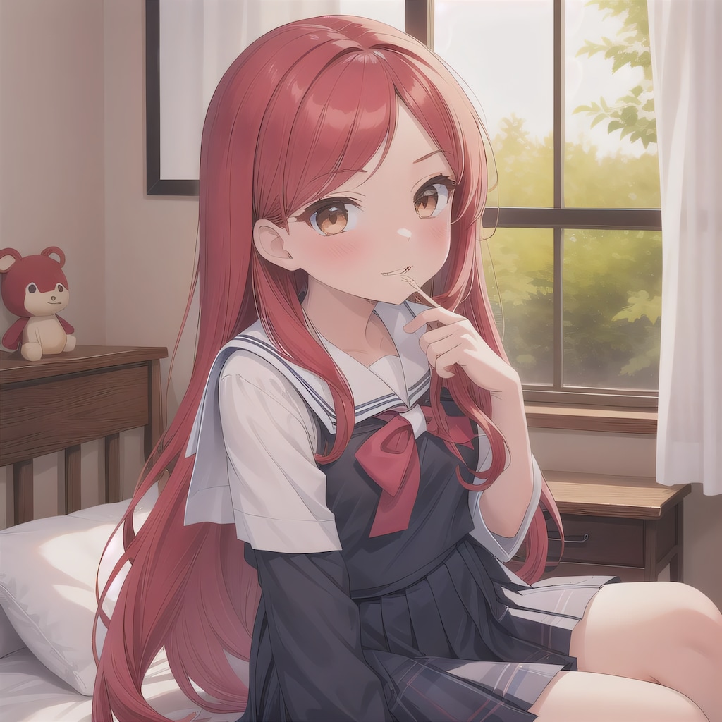 赤髪ロングで寝室の少女