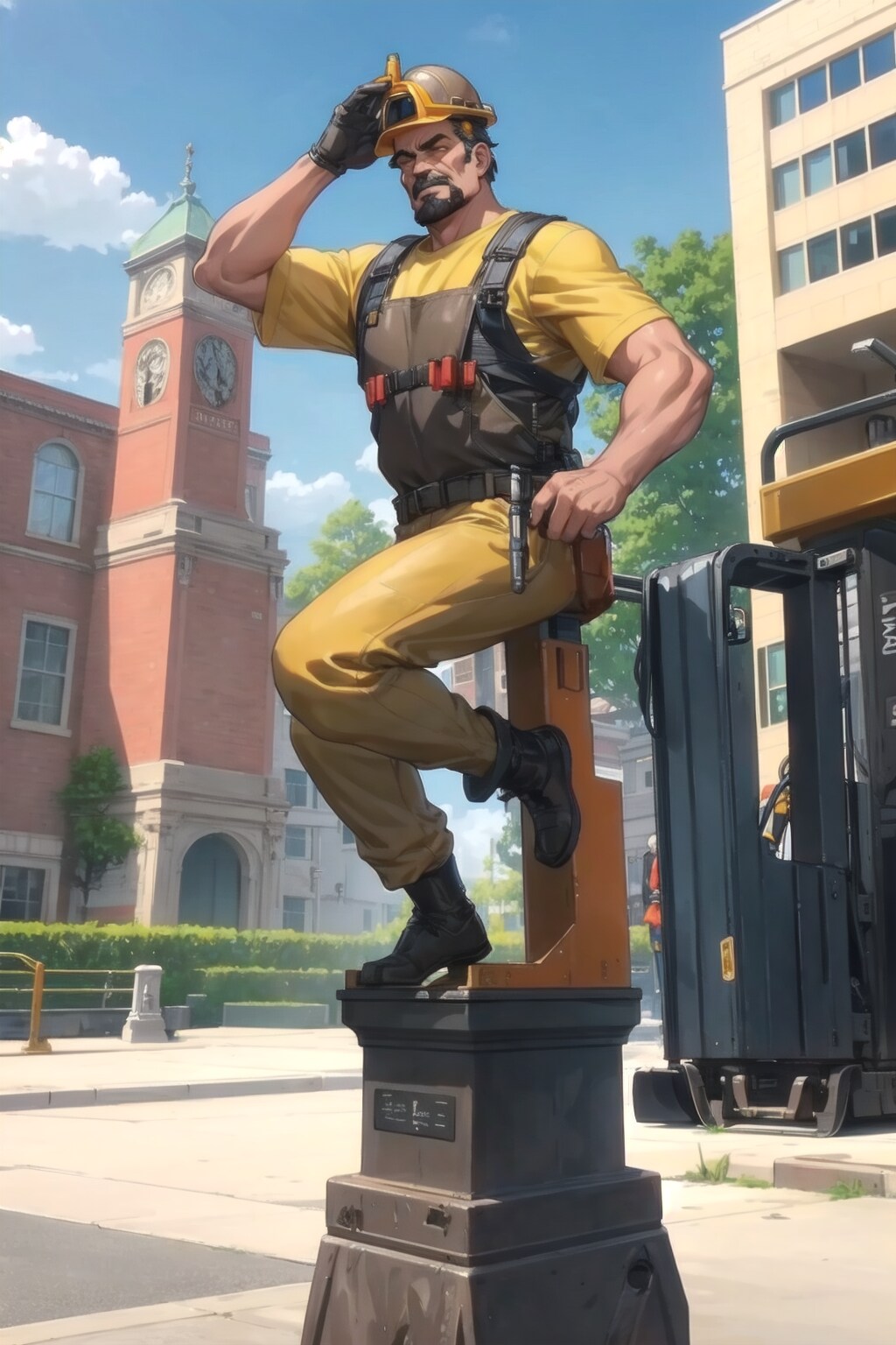 工事現場を見守るコント用の銅像