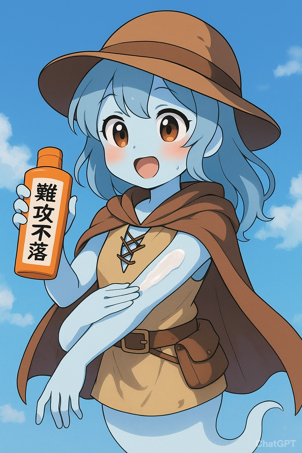 日焼け止めを塗っている幽霊冒険者ちゃん