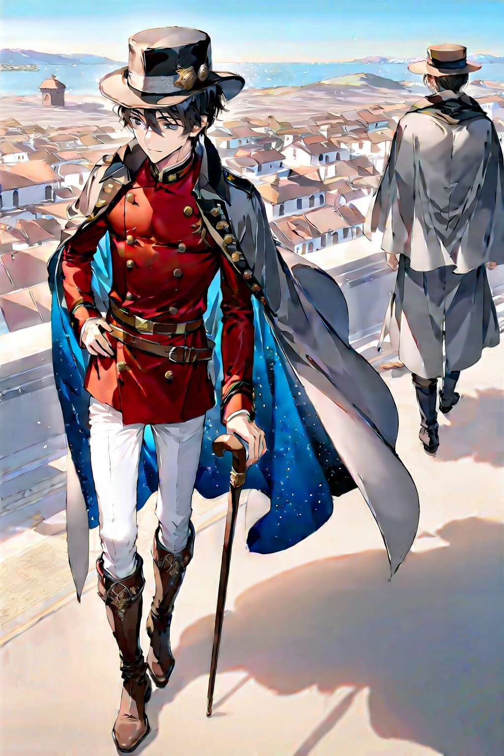 古代遺跡の前で、大柄な男性魔術師