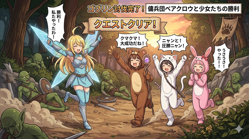 【All0504b2】妖精戦士と協力してゴブリンの群れをすべて倒すことが出来た、勝利できたのでみんな大喜び。（NanoBanana2）