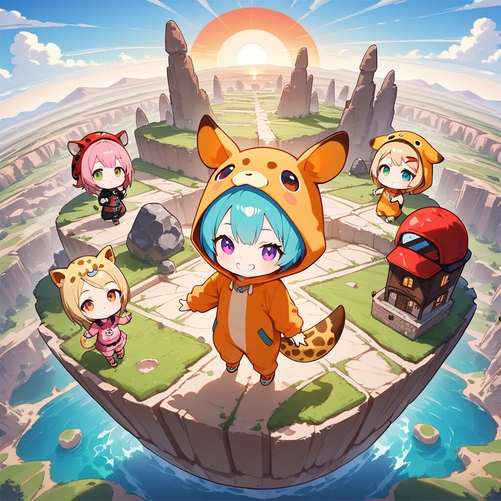 奇岩の大地とキリン着ぐるみちび子ちゃん | の人気AIイラスト・グラビア