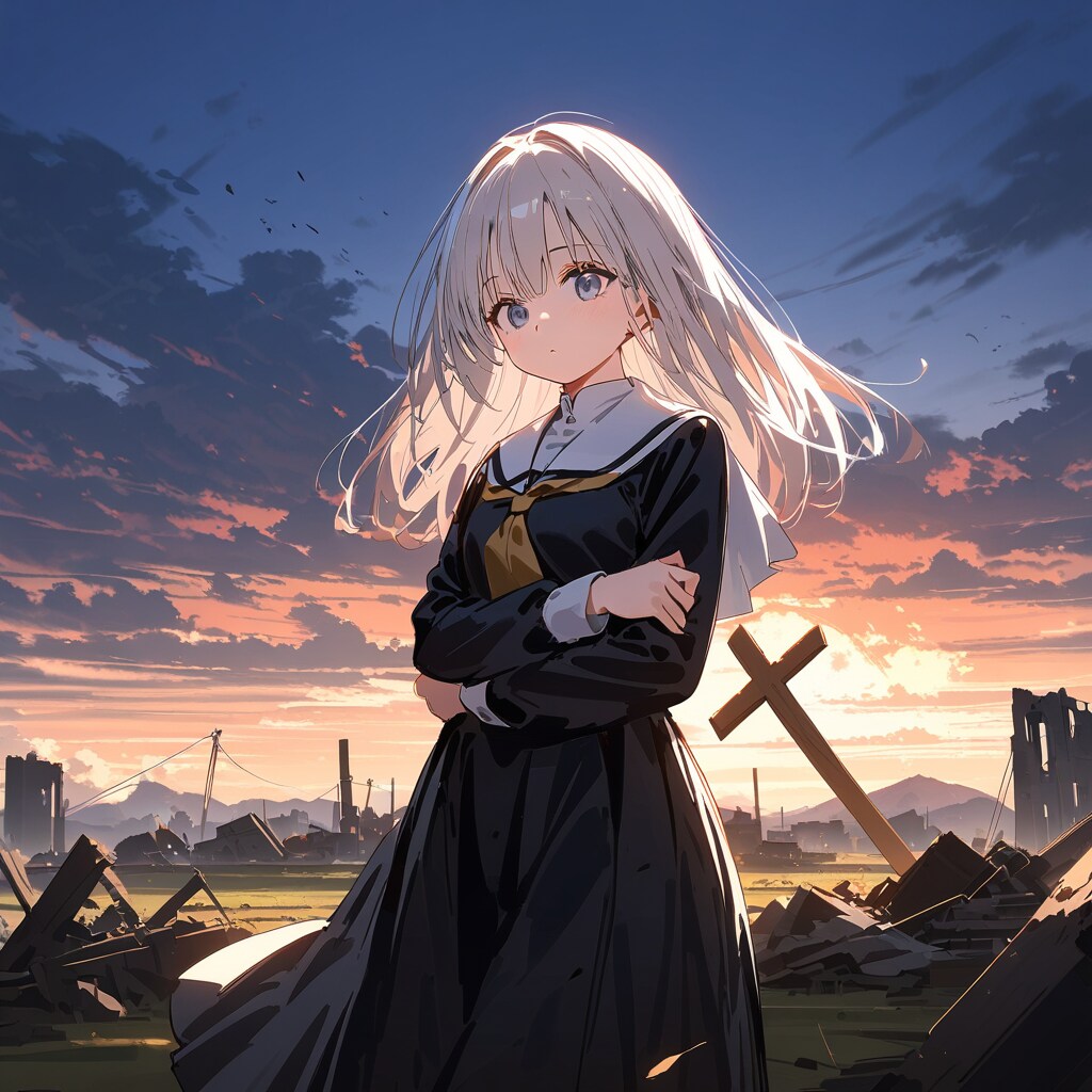 廃墟にたたずむ朝焼けのシスター | の人気AIイラスト・グラビア