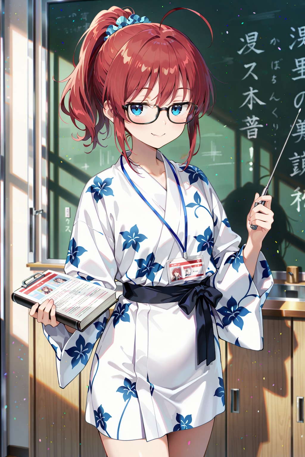 ミニ丈浴衣で授業を行うジト目先生 Y901