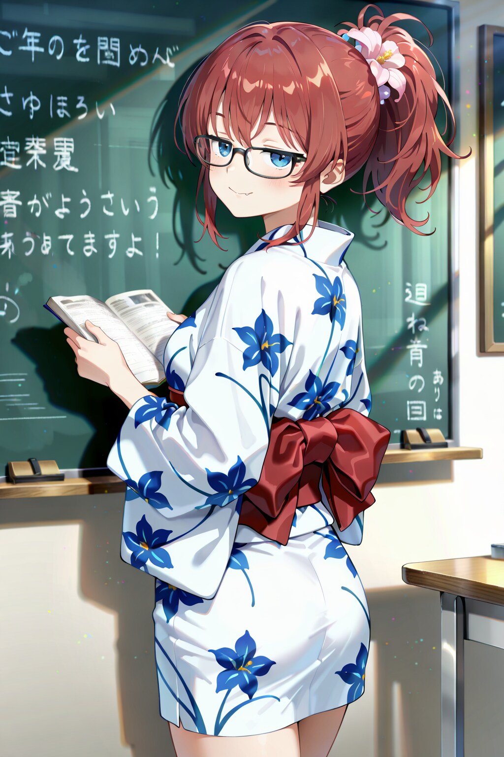 ミニ丈浴衣で授業を行うジト目先生 Y901