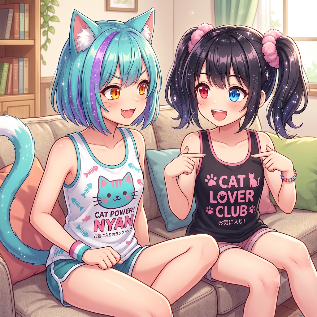 タンクトップのミケちゃんとアケちゃん