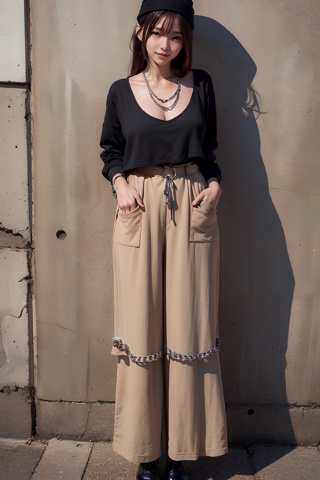 帽子＆ニット＆超ロングのゆったりパンツ