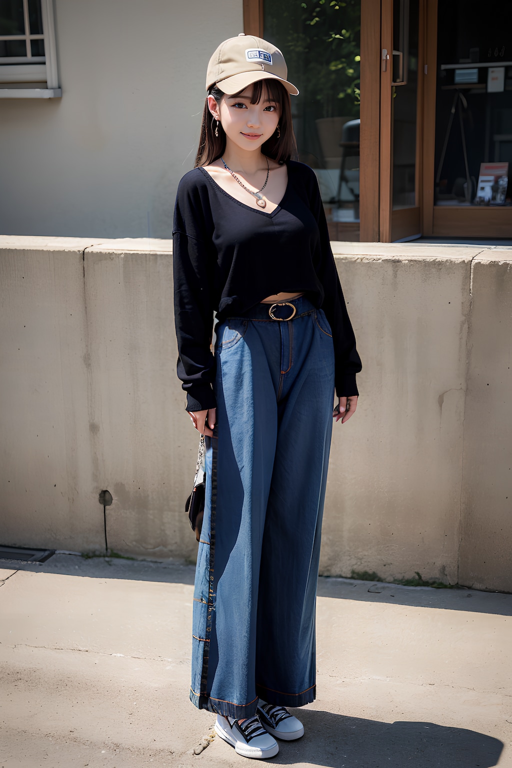 帽子＆ニット＆超ロングのゆったりパンツ