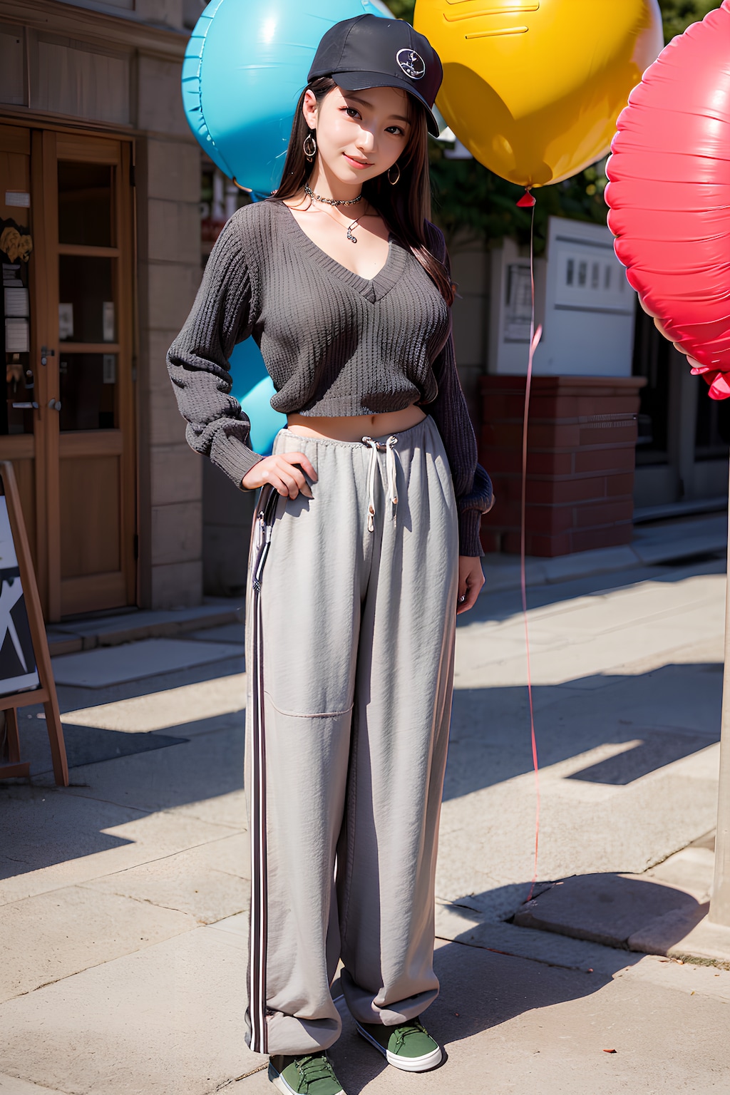 帽子＆ニット＆超ロングのゆったりパンツ