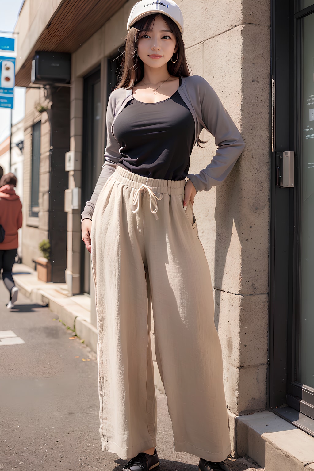 帽子＆ニット＆超ロングのゆったりパンツ