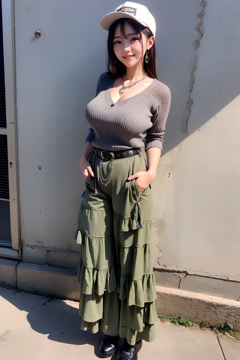 帽子＆ニット＆超ロングのゆったりパンツ