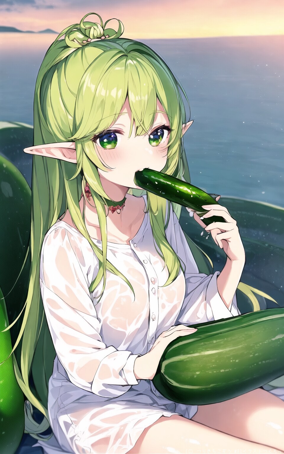 キュウリを食べるエルフ