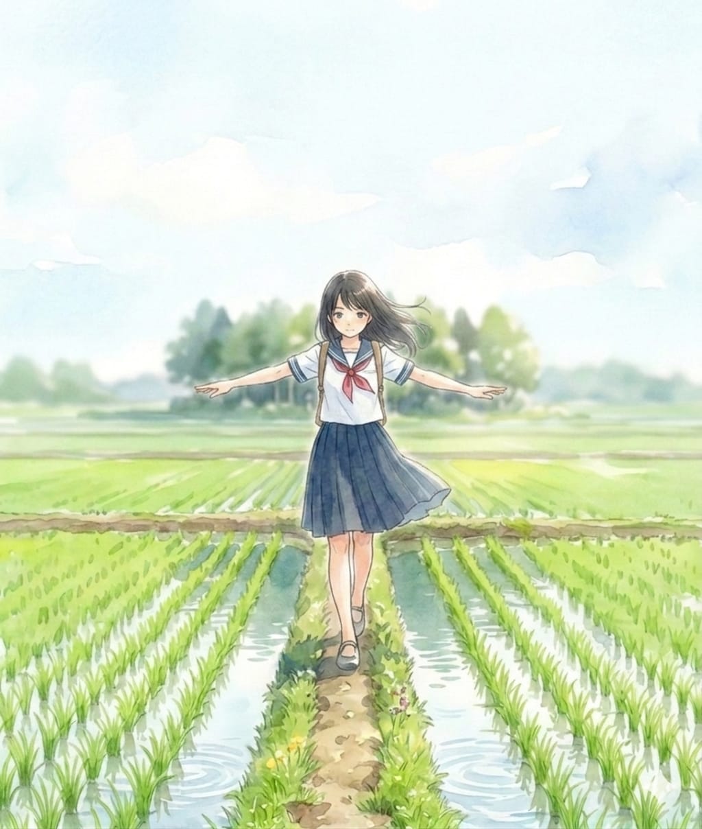 あぜ道の少女