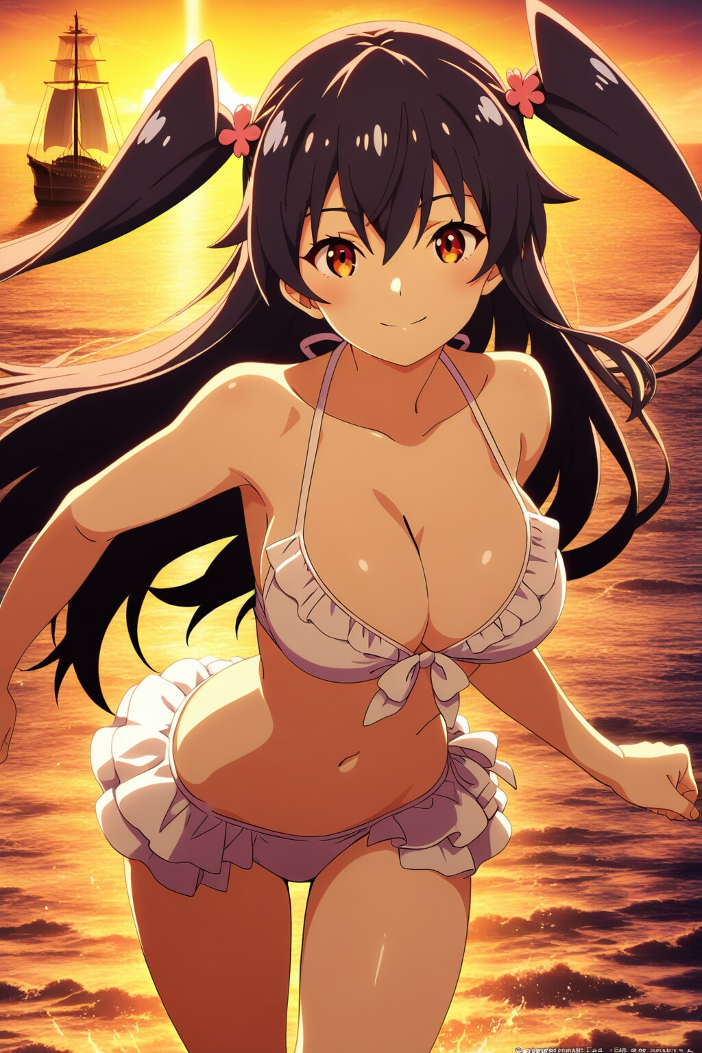 海と夕陽のロングヘアツインテールフリルビキニ娘👙❤️