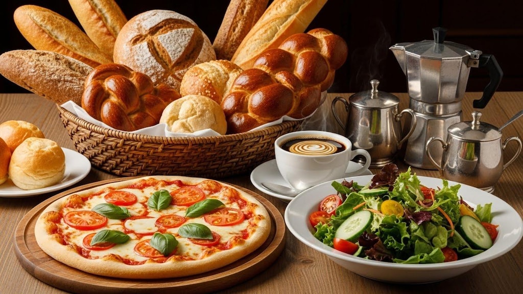 摩訶不思議食堂のパンとピザとサラダのセット