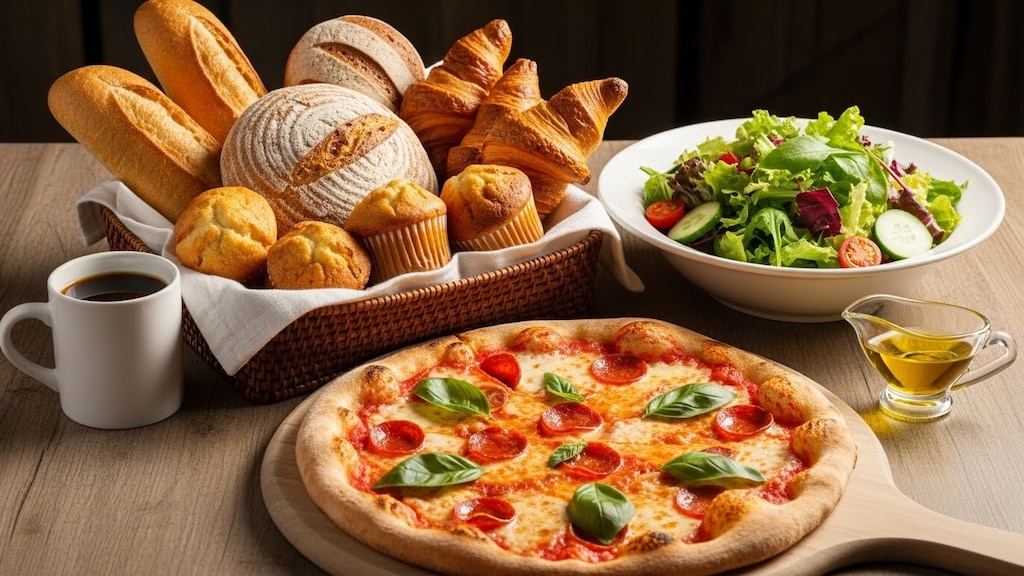 摩訶不思議食堂のパンとピザとサラダのセット