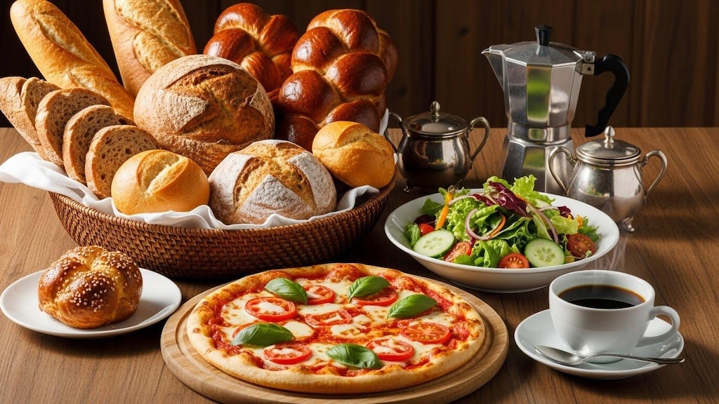 摩訶不思議食堂のパンとピザとサラダのセット