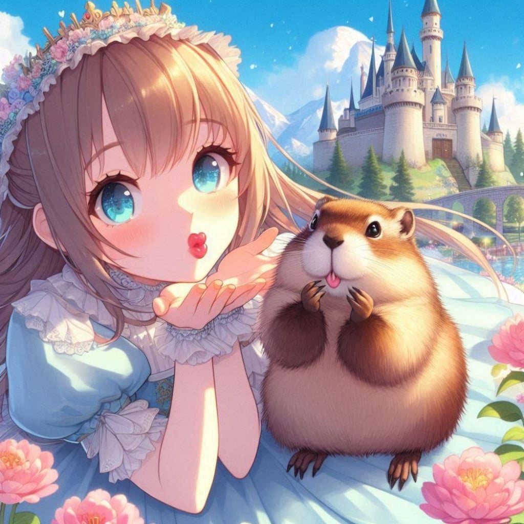 アニメ風、投げキッスマーモット