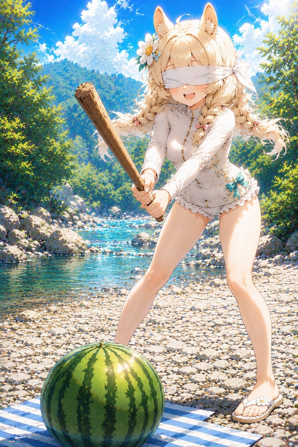 スイカ割りをするアルパカちゃん