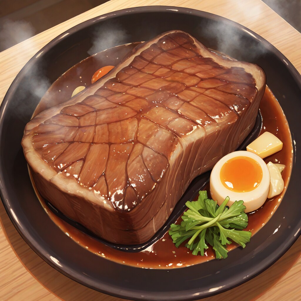 熱々の分厚いステーキ卵添え