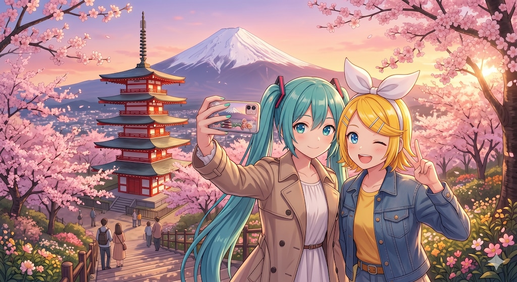 山梨旅行をするミクさんとリンさん