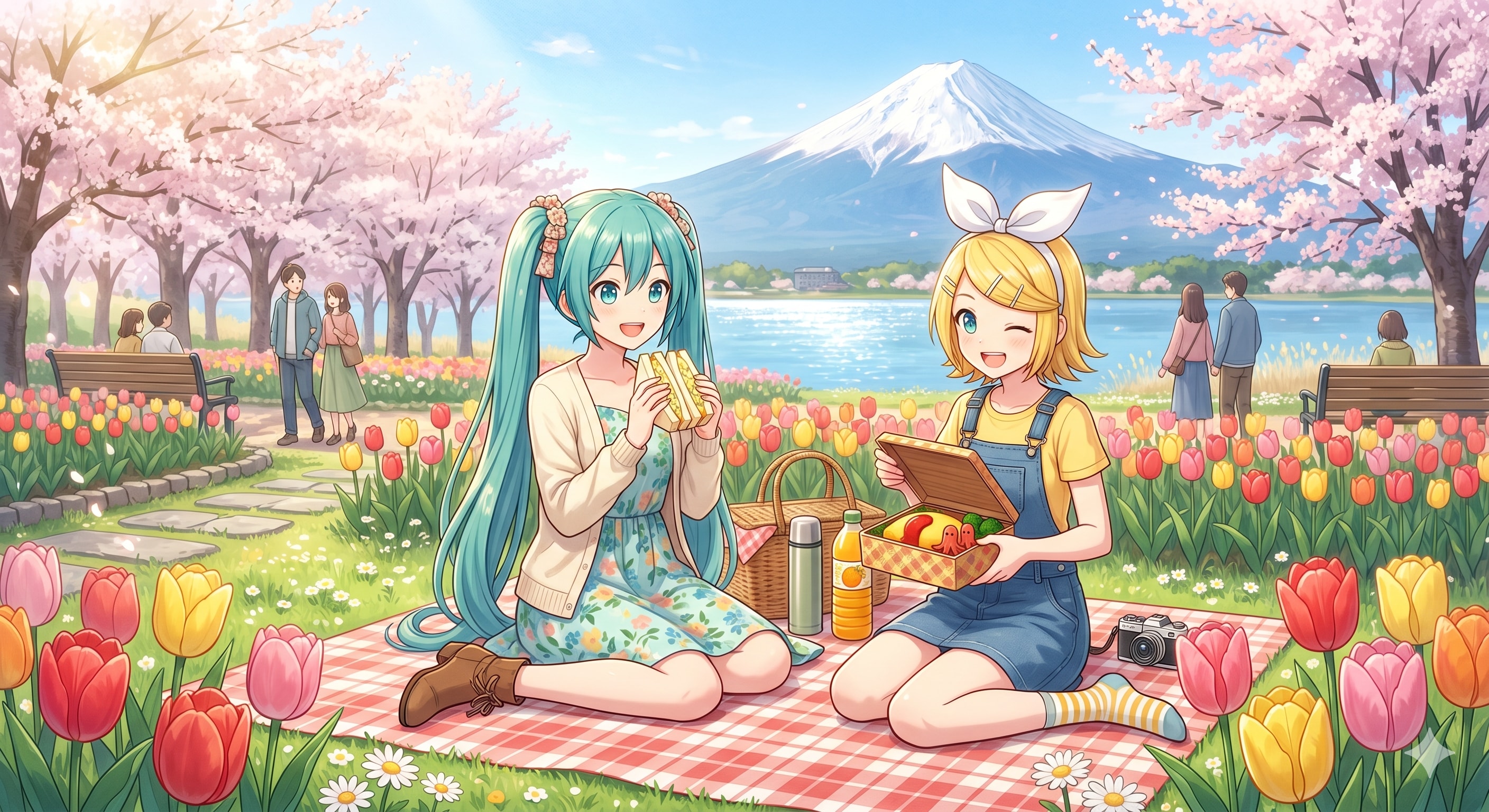 山梨旅行をするミクさんとリンさん | の人気AIイラスト・グラビア